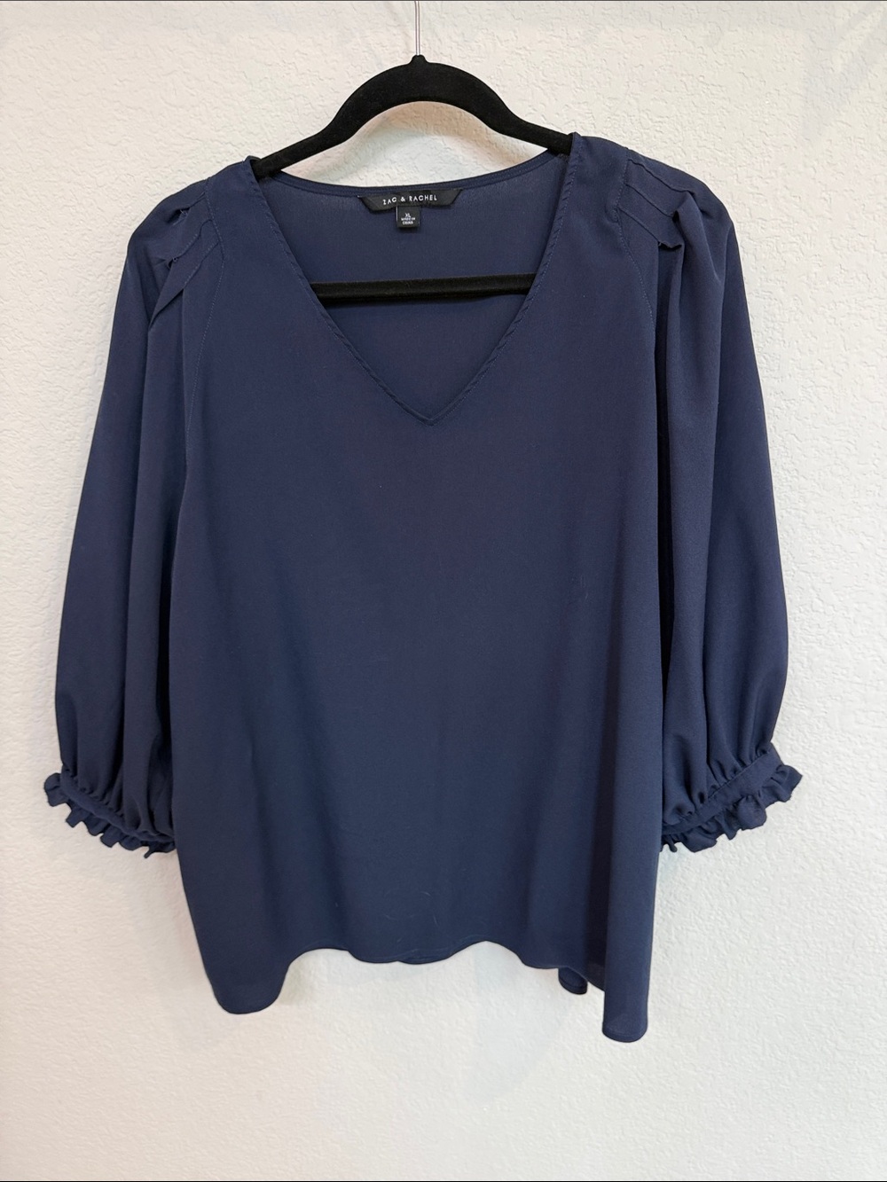Zac & Rachel Navy V-Neck Ruffle Cuff Blouse